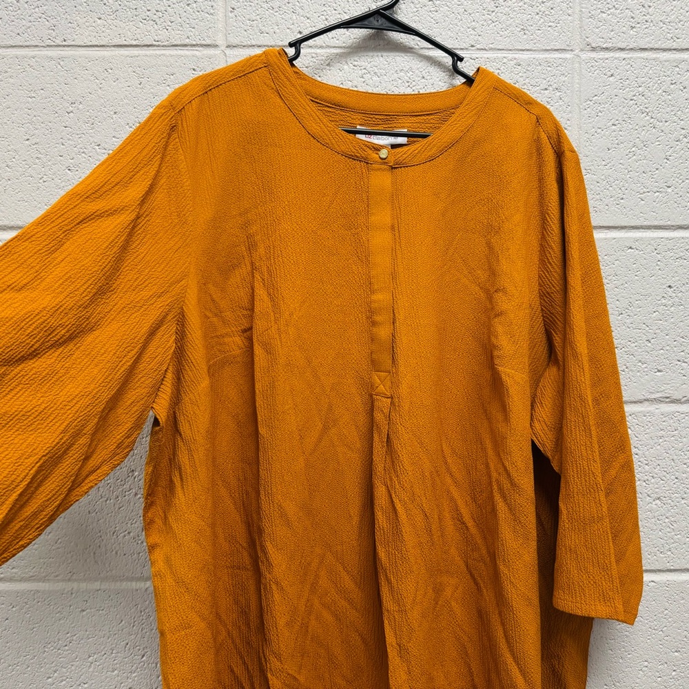 Liz‎ Claiborne 2X Honey Ginger Textured Blouse Long Sleeve Split Hem